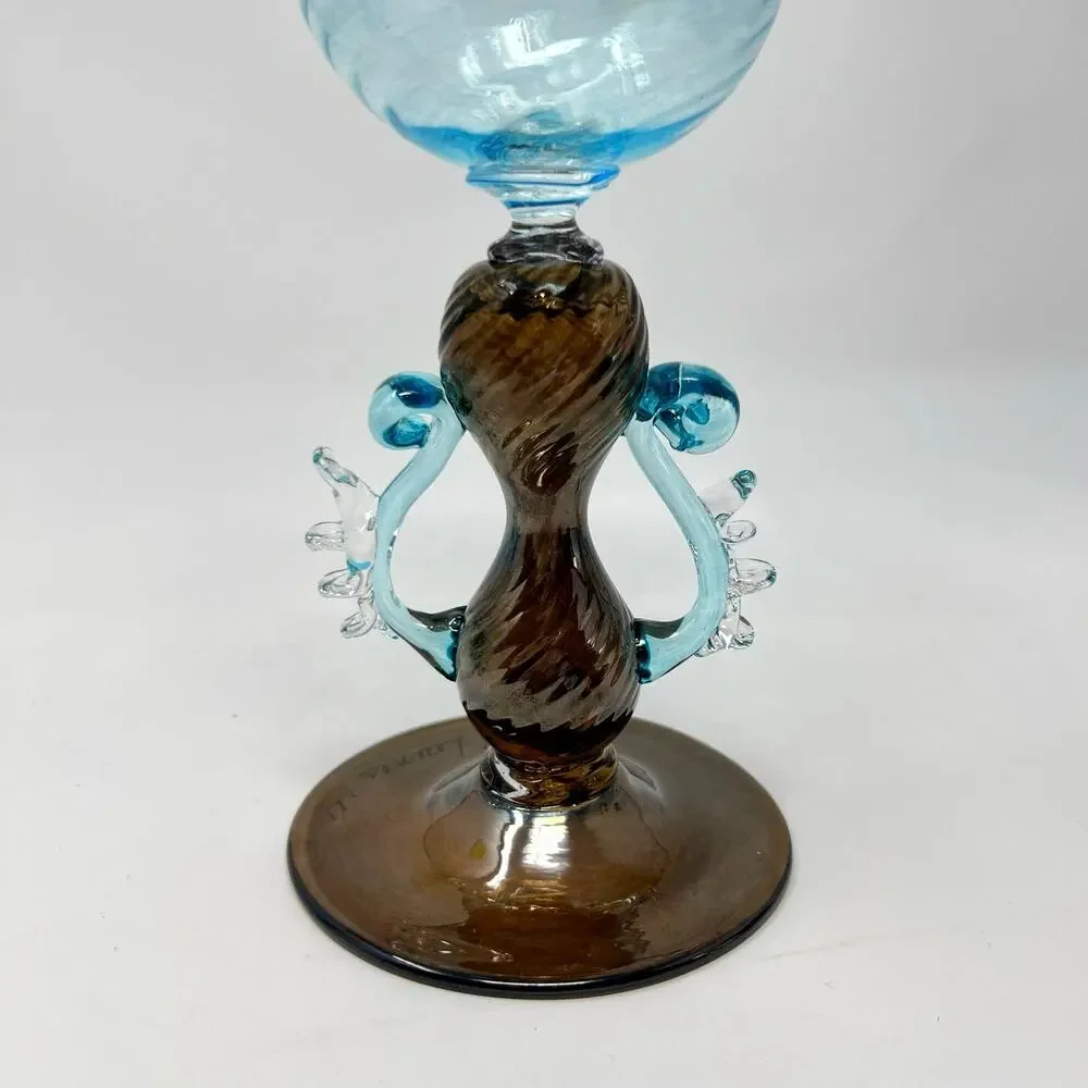 Murano Style Goblet Art Glass Signed Venetian Blue Amber Brown Hand Blown